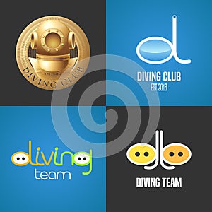 Set of diving, snorkeling vector icons, sign, symbol, emblem, logo