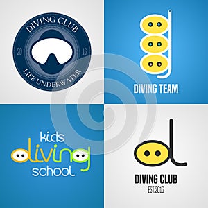 Set of diving, snorkeling vector icons, sign, symbol, emblem, logo