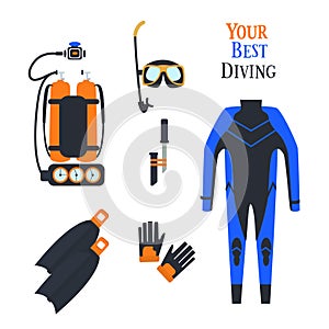 Set for diving sports. .kostyum immersion in water, Balon air . Vector illustration photo