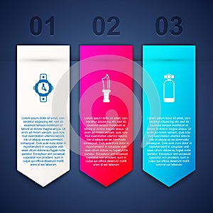 Set Diving watch, knife and Aqualung. Business infographic template. Vector