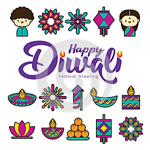 Set of Diwali or Deepavali symbol or icon. flat modern elements for graphic and web design.