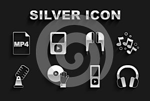 Set DJ playing music, Music note, tone, Headphones, player, Microphone, Air headphones, MP4 file document and icon