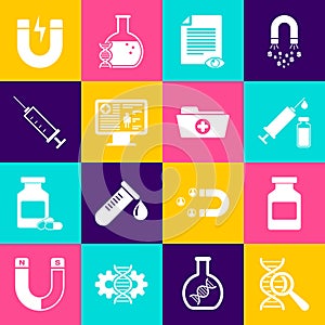 Set DNA research, search, Medicine bottle, Medical syringe and vial, Paper page with eye, Clinical record on monitor and