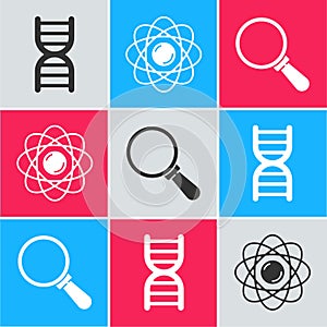 Set DNA symbol, Atom and Magnifying glass icon. Vector
