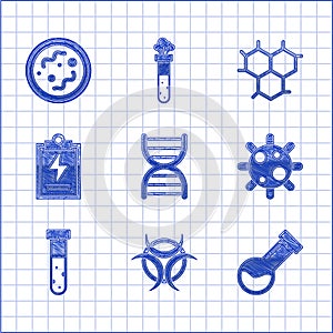 Set DNA symbol, Biohazard, Test tube and flask chemical, Bacteria, Laboratory clipboard with checklist, Chemical formula