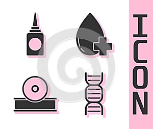 Set DNA symbol, Bottle nasal spray, Otolaryngological head reflector and Donate drop blood with cross icon. Vector