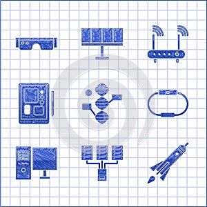 Set DNA symbol, Server, Data, Web Hosting, Rocket ship with fire, Smartwatch, Computer monitor, Graphic tablet, Router