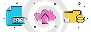 Set DOC file document, Cloud upload and Document folder with minus icon. Vector