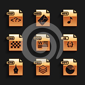 Set DOC file document, PSD, PPT, JS, EPS, PNG, MP3 and PHP icon. Vector