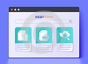 Set DOC file document, Upload file document and Search cloud computing icon. Vector