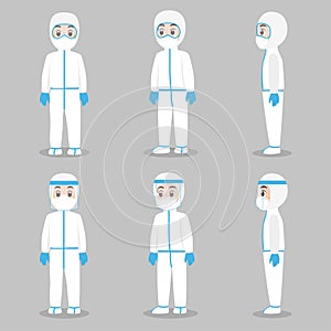 Set of Doctors Character wearing in full protective suit Clothing isolated and Safety Equipment for prevent virus