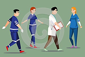 Set of doctors and nurse characters. Emergency or medical practitioners. Hero in white coat, woman or man. Vector illustration.