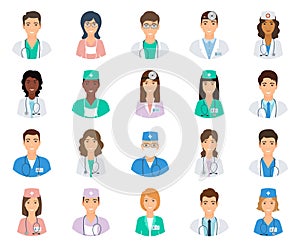 Set of doctors and nurses avatars in uniform. Collection of medicine employee. Medical men and women portfolio avatars