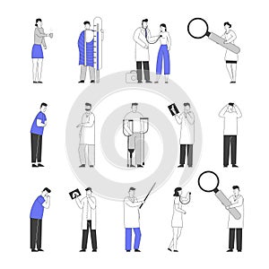 Set of Doctors and Patients Characters. Handicapped People with Leg Fracture and Prosthesis, X-rays and Mri Scanner