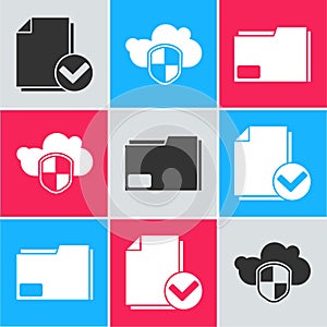 Set Document and check mark, Cloud and shield and Document folder icon. Vector