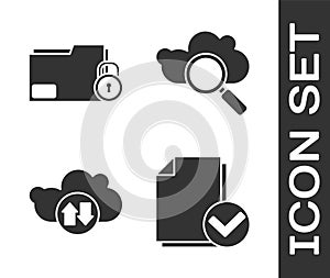 Set Document and check mark, Folder and lock, Cloud download and upload and Search cloud computing icon. Vector