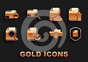 Set Document and check mark, Upload file document, protection concept, Cloud download, with search, storage text, folder