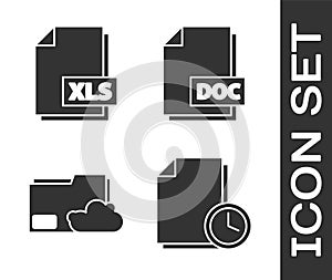 Set Document with clock, XLS file document, Cloud storage text document folder and DOC file document icon. Vector