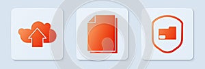 Set Document, Cloud upload and Document folder protection. White square button. Vector