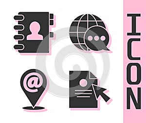 Set Document and cursor, Address book, Location and mail and e-mail and World map made from speech bubble icon. Vector