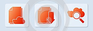 Set Document with download, Cloud storage text document and Search cloud computing. White square button. Vector
