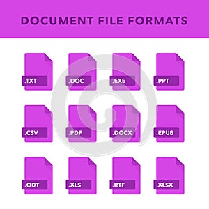 Set of Document File Formats and Labels in flat icons style. Vector illustration