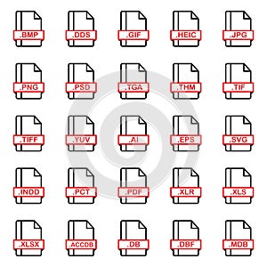 Set of Document File Formats and Labels icons. Vector illustration