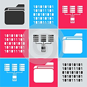Set Document folder, Binary code and Server, Data, Web Hosting icon. Vector