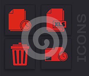 Set Document folder with clock, Document with clock, XLS file document and Trash can icon. Vector