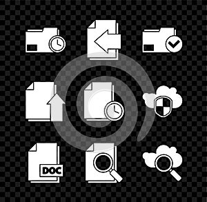 Set Document folder with clock, Next page arrow, and check mark, DOC file document, search, Search cloud computing