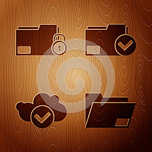 Set Document folder, Folder and lock, Cloud with check mark and Document folder and check mark on wooden background