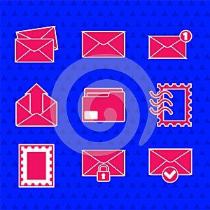Set Document folder, Mail message lock password, Envelope and check mark, Postal stamp, Outgoing mail, and icon. Vector
