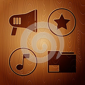 Set Document folder, Megaphone, Music note, tone and Star on wooden background. Vector