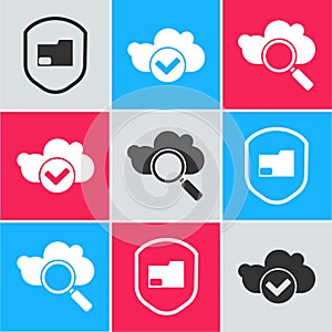 Set Document folder protection, Cloud with check mark and Search cloud computing icon. Vector