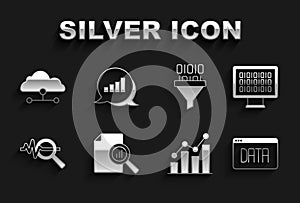Set Document with graph chart, Binary code, Data analysis, Pie infographic, Search data, Network cloud connection and