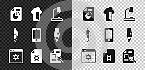 Set Document with graph chart, Cloud database, Table lamp, Browser setting, settings, Fountain pen nib and Mobile phone