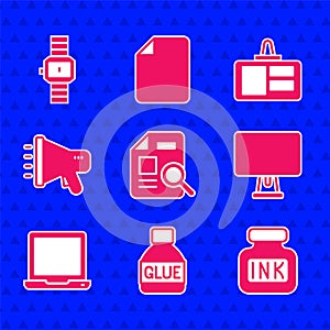 Set Document with graph chart, Glue, Inkwell, Computer monitor, Laptop, Megaphone, Identification badge and Wrist watch