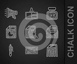 Set Document with graph chart, Mail and e-mail, Paper shredder, Fountain pen nib, Inkwell and Megaphone icon. Vector