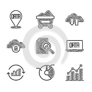 Set Document with graph chart, Pie infographic, Data analysis, Cloud computing lock, download and upload and icon