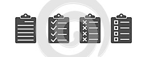 Set of document icons. A document icon with text, a tick, a cross and a square
