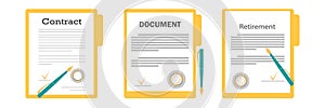 Set of document icons. Document  folder with stamp  text and pen. Illustration