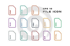 Set of Document Labels and File Formats Icons. PDF, MP3, TXT, XLS, PPT, CSV, MOV, DOC, RAR, PNG, EPS, ZIP, HTML. Vector