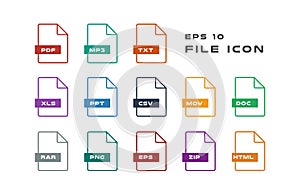 Set of Document Labels and File Formats Icons. PDF, MP3, TXT, XLS, PPT, CSV, MOV, DOC, RAR, PNG, EPS, ZIP, HTML. Vector