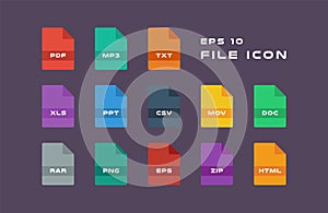 Set of Document Labels and File Formats Icons. PDF, MP3, TXT, XLS, PPT, CSV, MOV, DOC, RAR, PNG, EPS, ZIP, HTML. Vector photo