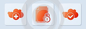 Set Document and lock, Add cloud and Cloud with check mark. White square button. Vector