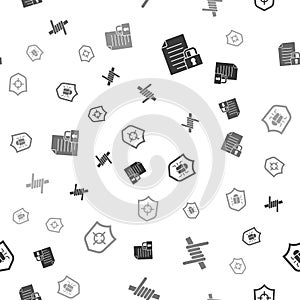 Set Document and lock, Barbed wire, System bug and Shield on seamless pattern. Vector