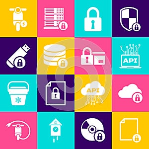 Set Document and lock, Cloud computing, Computer api interface, Lock, Server security with and USB flash drive icon