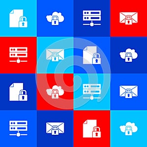 Set Document and lock, Cloud computing, Server, Data, Web Hosting and Mail message password icon. Vector