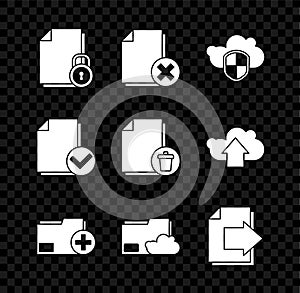 Set Document and lock, Delete file document, Cloud shield, Add new folder, storage text, Next page arrow, check mark and