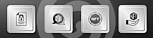 Set Document and lock, NFT Digital crypto art, and icon. Silver square button. Vector
